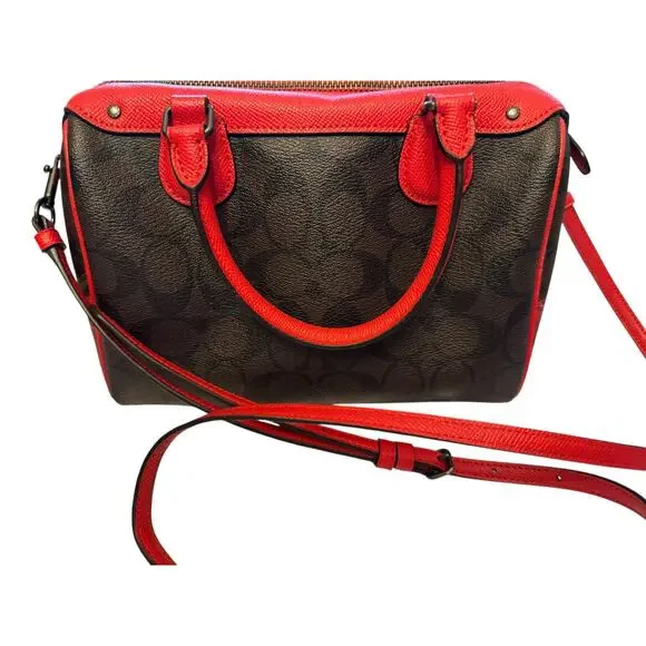 STUNNING Coach Rowan Red Leather Trim black, brown & Rose Print - Picture 4 of 12